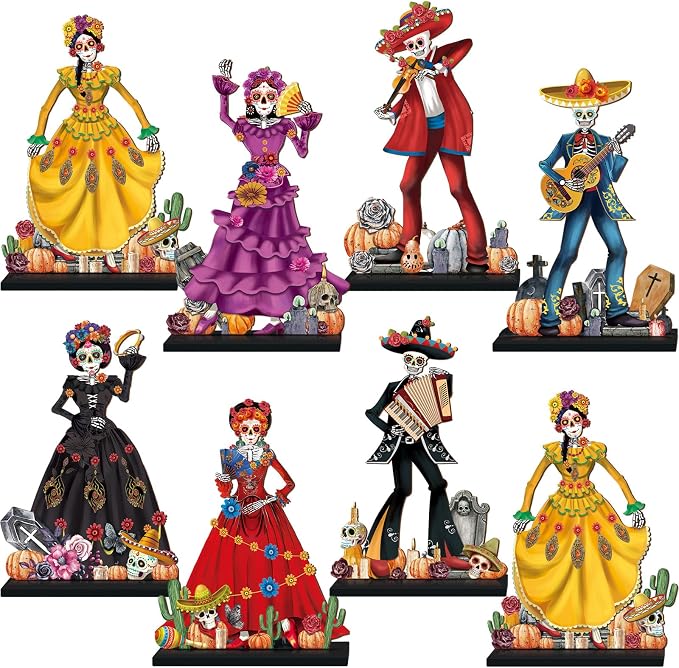 Amyhill 8 Pcs Dia De Los Muertos Table Decorations for Altar Wooden Decor - sugar skull ornament