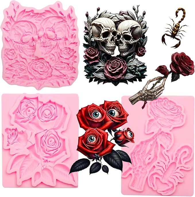 Gothic Rose Silicone Molds Set, 3 Pack Pink Resin Molds with Skull, Scorpion, Rose Designs for Crafting - skull ashtray