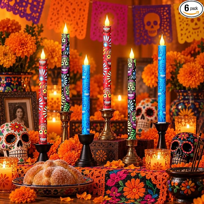 Honoson 6 Pcs Dia De Los Muertos Flameless Taper Candles, Battery Operated - skull candle