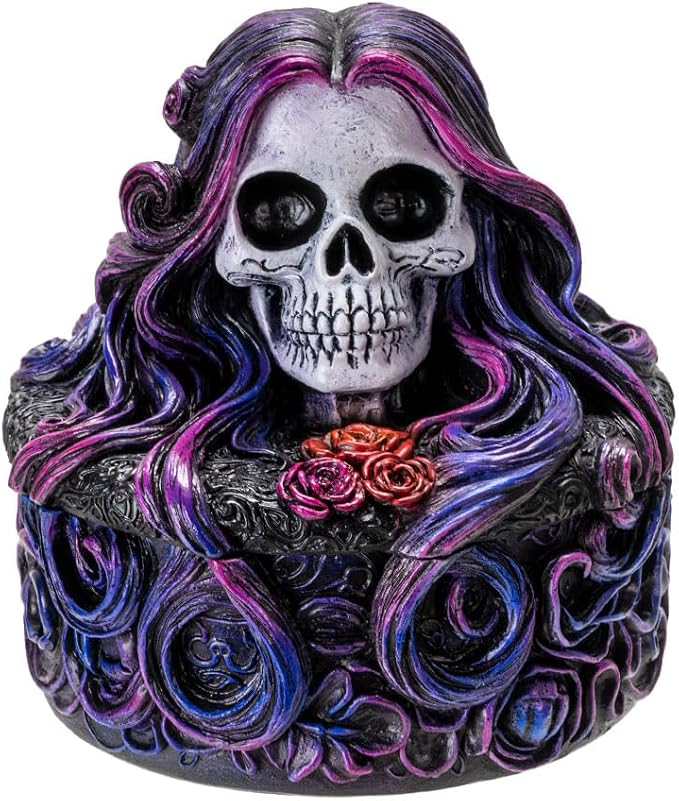 Pacific Giftware D.O.D. Sugar Skull Box with Floral Hair Design and Day of the Dead Aesthetic Ideal for Storing Jewelry Decorative Box - skull figurine