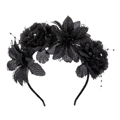 Halloween Black Flower Headband Day of the Dead Mexican Floral Hair Hoop Black Gothic Flower Hairband for Halloween Party Hair Decoration - skull headband