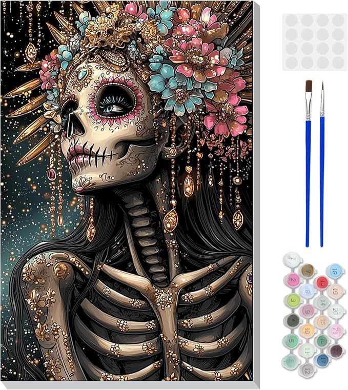 DOMROM Halloween Paint by Numbers for Adults, Skull Paint by Number Kits on Canvas, DIY Acrylic Oil Painting on Canvas for Home Wall Decoration Gift 8x12 Inch - skull painting