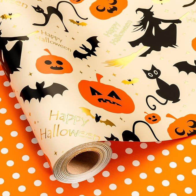 Burymento Reversible Halloween Wrapping Paper, Pumpkin, Witch Hat and Polka Dot Design, Suitable for Halloween, Christmas Nightmare Holidays, Parties, Mini Rolls (17 Inches X 32.8 Feet) - skull toilet paper