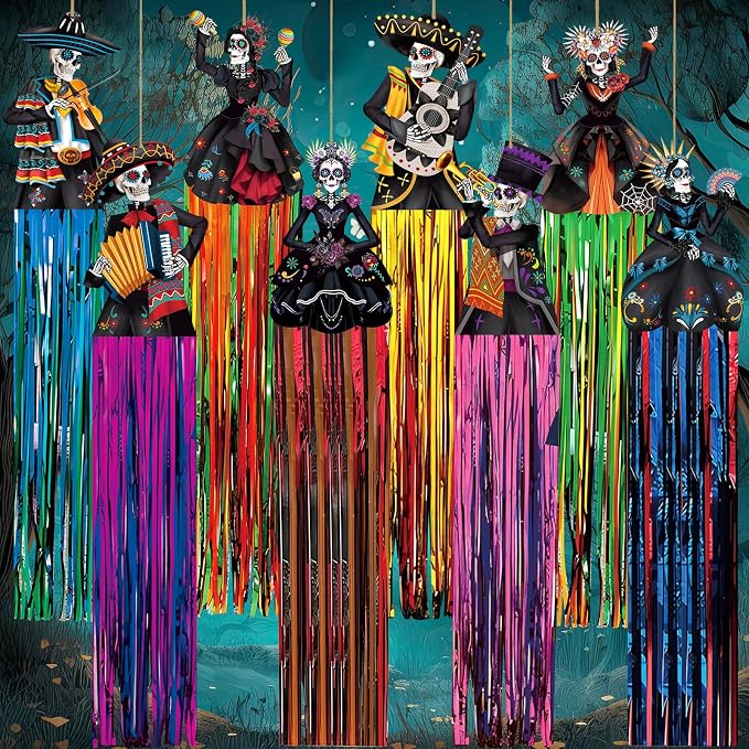 8 Pcs Day of The Dead Decoration, 3ft Dia De Los Muertos Decor, Black Skull - sugar skull ornament
