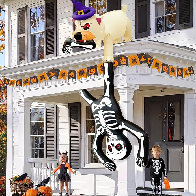 8FT Giant Halloween Inflatables Dog Pulling Skeleton with LED for Lawn Roof