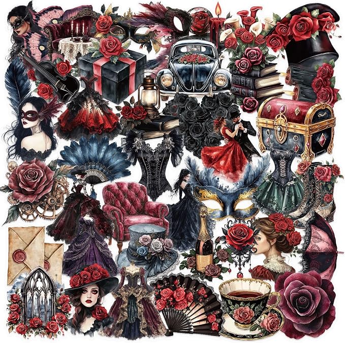 50 Pcs Gothic Masquerade Scrapbook Stickers – Vintage Clear Aesthetic Stickers with Victorian Dresses, Masks, Roses, Corsets, Dark Romance Ephemera for Journaling, Crafts, Laptop, Gift Decoration - skull sticker