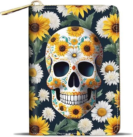 Credit Card Holder Wallets for Women, Small RFID Wallet Slim Leather Card Organizer Case with Zipper, Skull Sunflower - skull wallet
