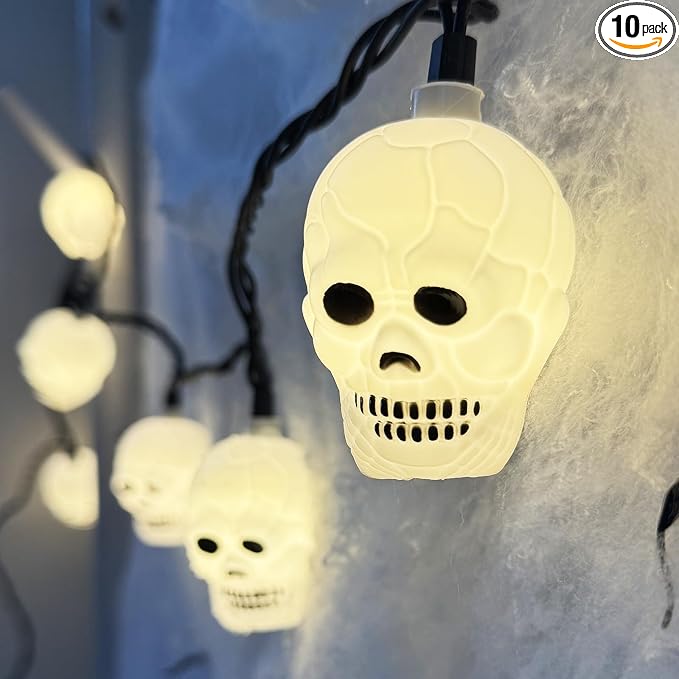 8.5Ft Halloween White Skull String Lights Outdoor, Halloween Decoration String Lights with 10 LED Skeleton Lights Waterproof, Hanging Holiday Lights for Indoor/Outdoor Yard Porch Patio Party Decor - string light