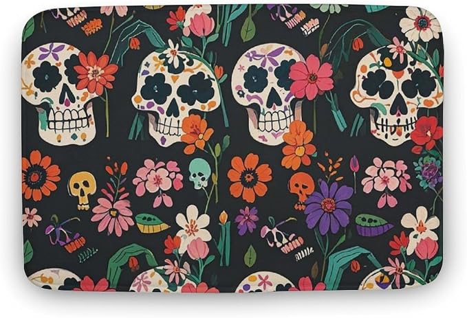 15.7"x23.6" Bathroom Rugs Day of The Dead Floral Skull Patterns Bath Mat for Bathroom Super Absorbent Shower Rug Non-Slip Floor Mat Quick Drying Bath Rug for Bedroom Kitchen Sink Bathtub Edge - skull toilet mat