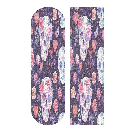 YETTASBIN Skull Flower Skateboard Grip Tape, Bubble Free Anti Slip Longboard Grip Tape Sheet Sticker Deck Sandpaper for Rollerboard, 33 x 9 Inch - skull sticker