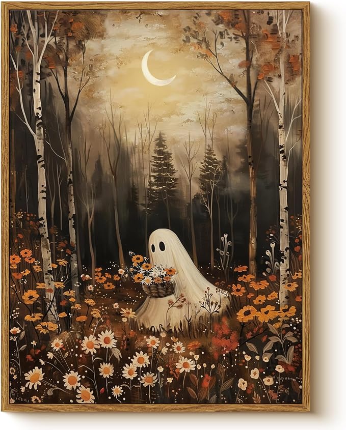 Vintage Cute Ghost Holding Flowers 12x16 Halloween Wall Art, Autumn Birch Forest Crescent Moon Framed Canvas Print, Cozy Orange Flowers Artwork Rustic Fall Spooky Bedroom Home Decor - skull painting