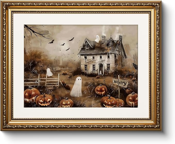Vintage Gold Framed Spooky Halloween Wall Art, 13×16 Haunted House Jack-o’-Lanterns Bats Canvas Painting Print, Ghosts Pumpkins Halloween Picture Holiday Home Room Atmospheric Decor