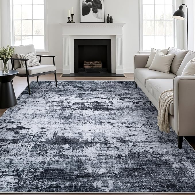 9×12 Area Rug Living Room: Modern Washable Indoor Carpet Black