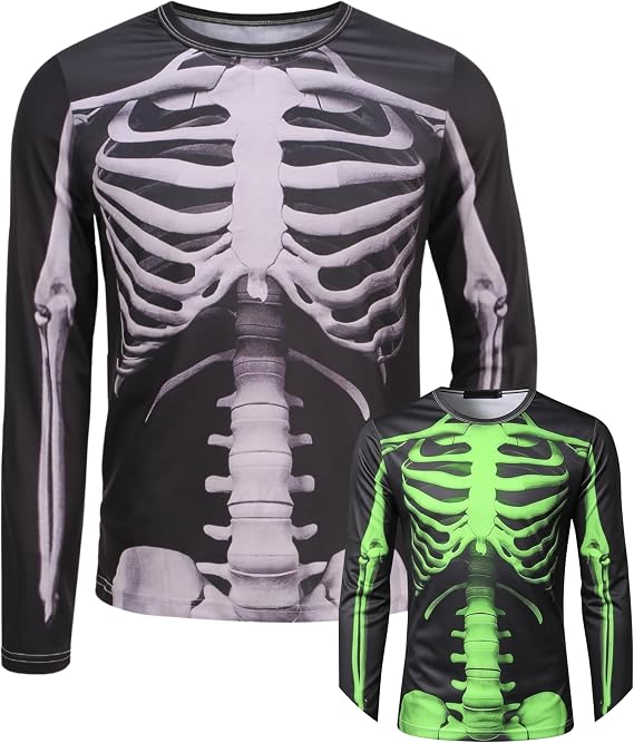 Men's 3D Skeleton Long Sleeve T-Shirt,Faux Real Skull, Halloween Costumes Shirts - sugar skull dress