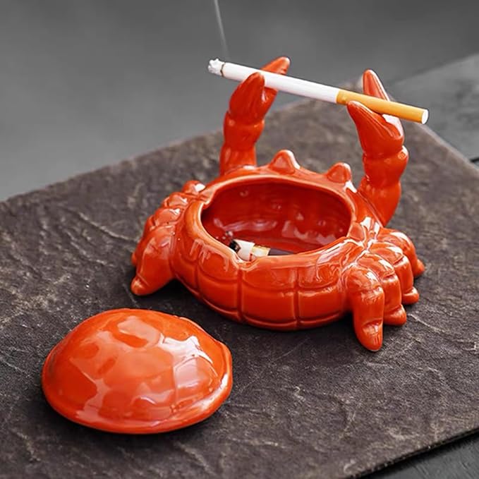 Ashtray with Lid, Windproof Tabletop Ceramic Cigarette Ash Tray for Outside or Inside, Crab Decor - skull ashtray