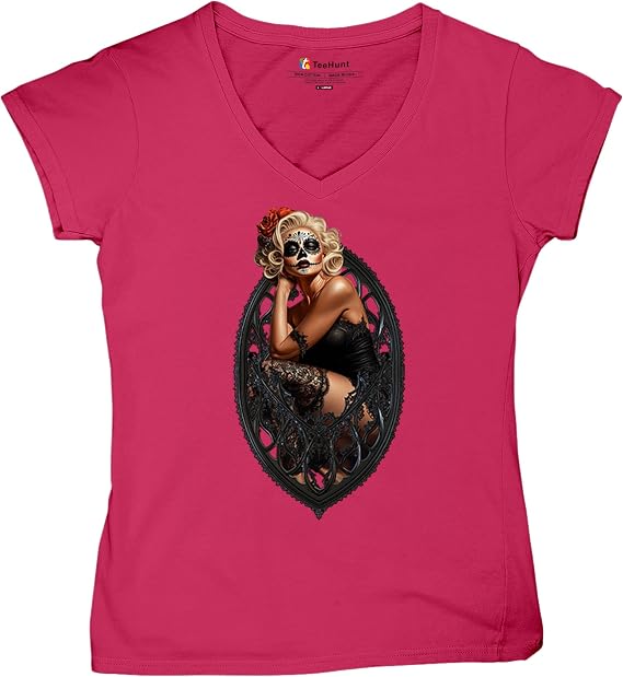 Gothic Sugar Skull Pinup Women's T-Shirt Dia de Los Muertos Dark Seductive Woman Glamorous Makeup Day of Dead Women's Tee - skull tshirt
