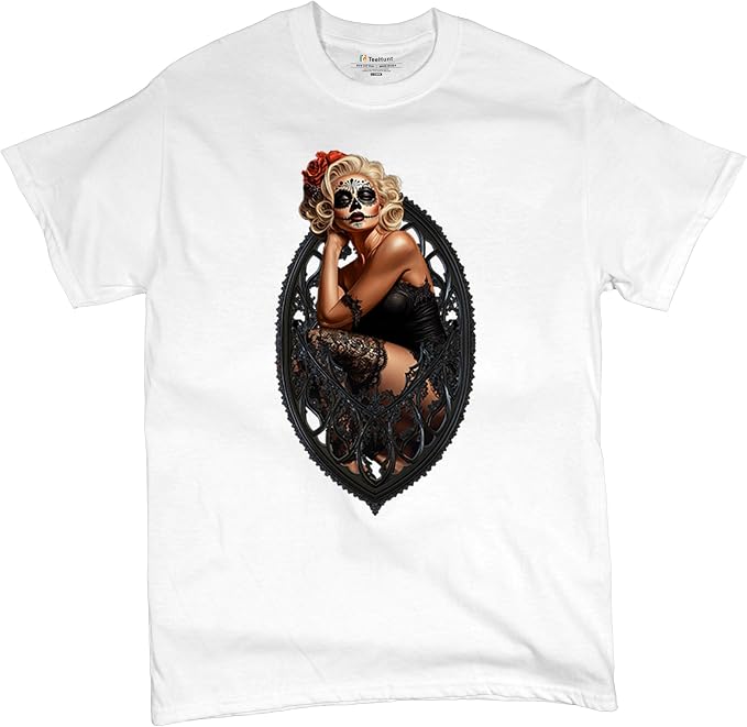 Gothic Sugar Skull Pinup Men's T-Shirt Dia de Los Muertos Dark Seductive Woman Glamorous Makeup Day of Dead Men's Tee - skull tshirt