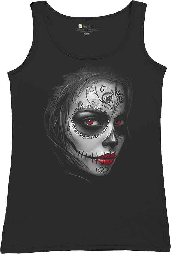 Sugar Skull Portrait Women's T-Shirt Gothic Beauty Red Lips Day of The Dead Dia de Los Muertos Mexican Calavera Women's Tee - skull tank tops