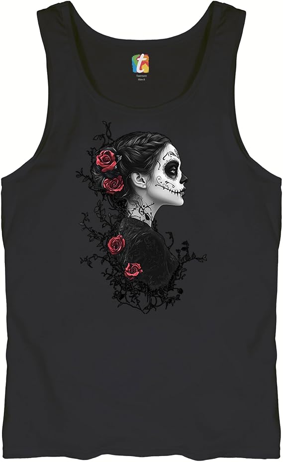 Gothic Sugar Skull Roses Men's T-Shirt Day of Dead Dark Elegance Skeleton Dia de Los Muertos Floral Calavera Men's Tee - skull tank tops