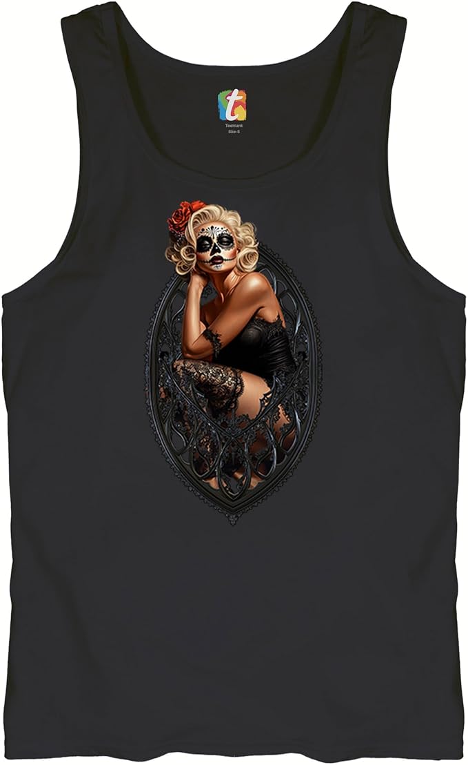 Gothic Sugar Skull Pinup Men's T-Shirt Dia de Los Muertos Dark Seductive Woman Glamorous Makeup Day of Dead Men's Tee - skull tank tops