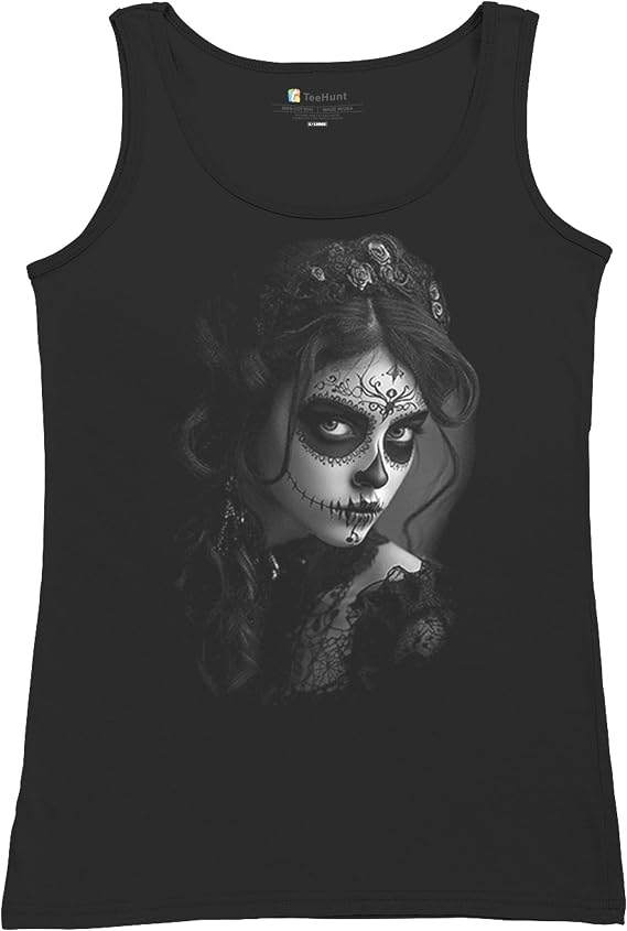 Sugar Skull Lace Women's T-Shirt Black White Day of The Dead Gothic Beauty Monochrome Dia de Los Muertos Elegant Women's Tee - skull tank tops