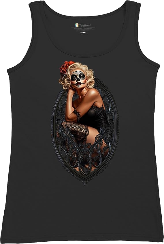 Gothic Sugar Skull Pinup Women's T-Shirt Dia de Los Muertos Dark Seductive Woman Glamorous Makeup Day of Dead Women's Tee - skull tank tops