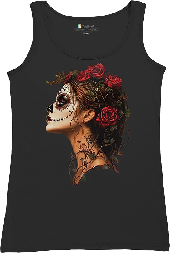 Sugar Skull Profile Women's T-Shirt Dia de Los Muertos Day of Dead Calavera Skeleton Face Gothic Elegance Floral Women's Tee - skull tank tops