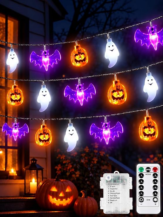3D Pumpkin Bat Ghost Halloween String Lights Battery Operated with Remote - string light
