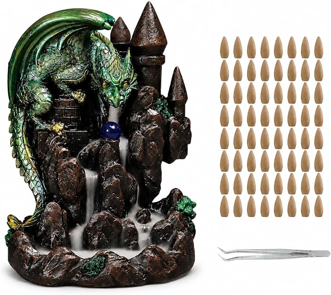Dragon Backflow Incense Burner, Waterfall Incense Burner Mountain Backflow Incense Holder,Resin Castle and Dragon,Includes 60 Sandalwood Cones and Tweezers,for Home Decoration and Relaxation - skull incense burner