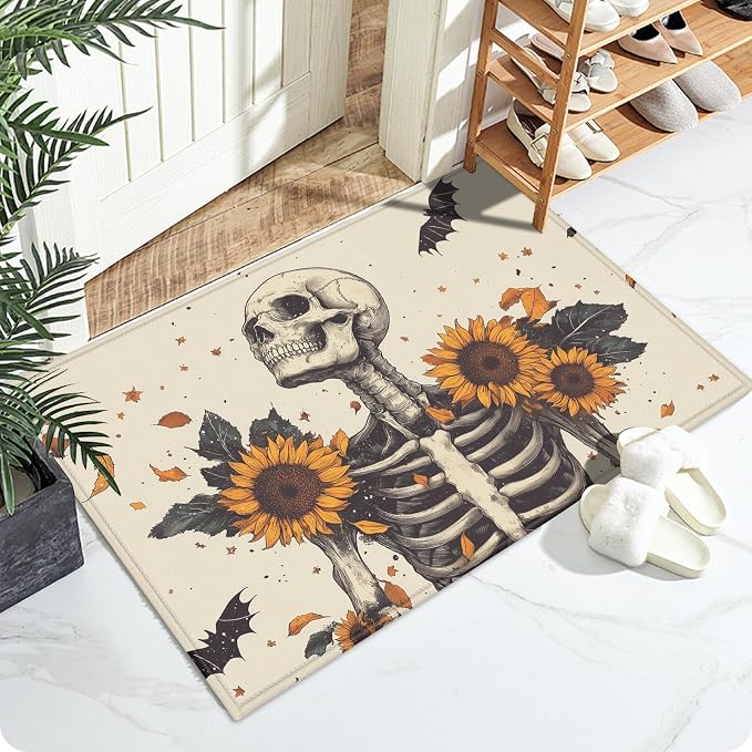 Sunflower Skull Bath Mat for Bathroom,Washable Door Mat Absorbent Bath Rug Non-Slip Floor Rug Carpets,for Kitchen Bedroom Indoor - skull toilet mat