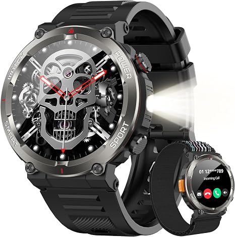 Military Tactical Smart Watches for Men with Compass/Flashlight - skull watch