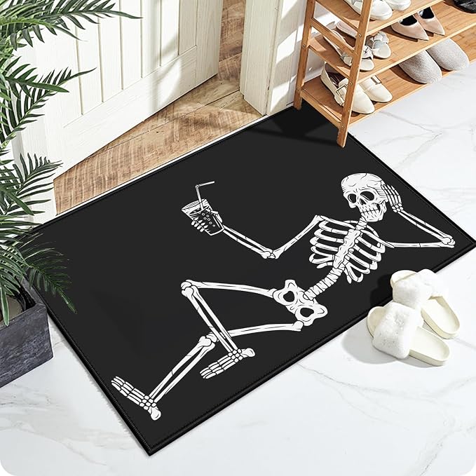 Funny Skeleton Bath Mat for Bathroom,Washable Door Mat Absorbent Bath Rug Non-Slip Floor Rug Carpets,for Kitchen Bedroom Indoor - skull toilet mat