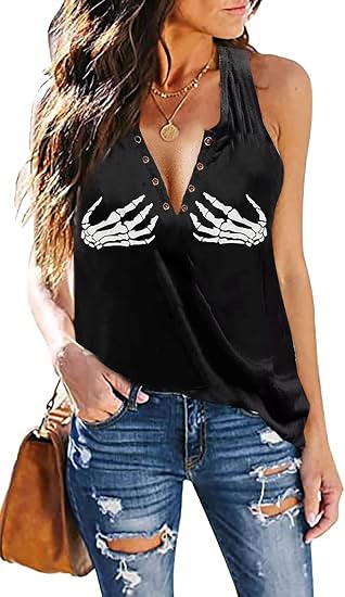 Fensajomon Skull Shirt for Women V Neck Sleeveless Summer Workout Tank Top - skull tshirt
