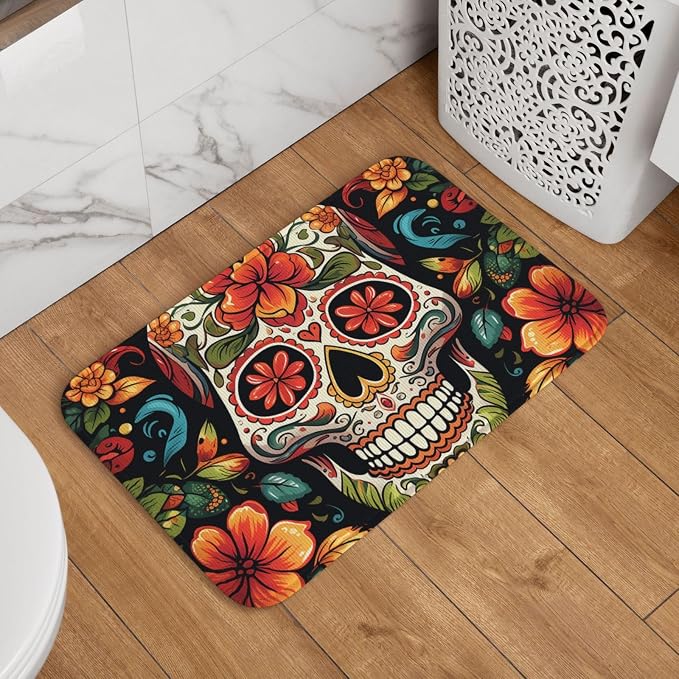 Doormat Welcome Door Mat 16 X 24 Inch Non-Slip Absorbent Bath Rug Soft Washable Floor Mat Colorful Sugar Skull Carpet for Stylish Kitchen Bedroom Bathroom Decor - skull floor mat