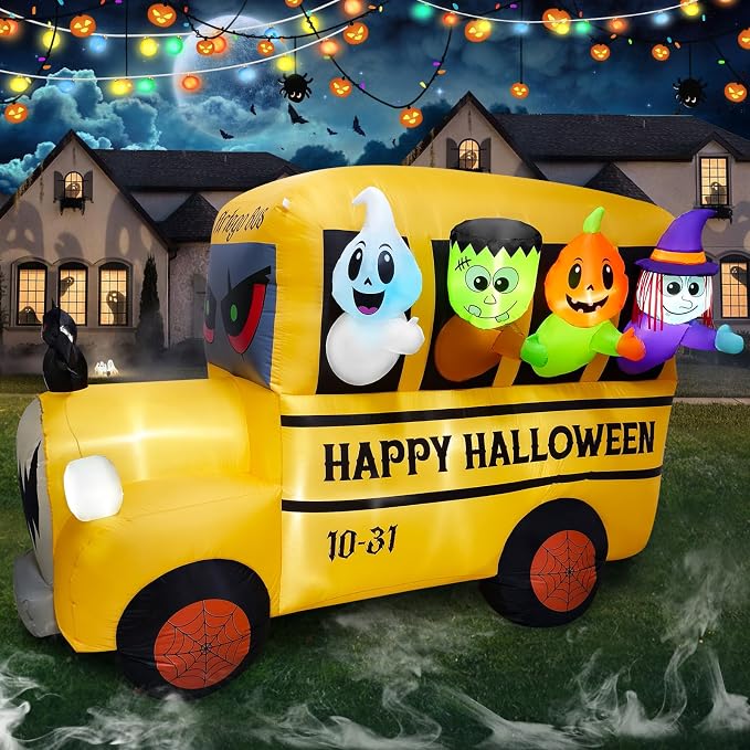 8.1FT Length Halloween Inflatable Ghost Frankenstein Pumpkin Monster Witch Bus Decoration, Halloween Blow up Car Inflatable Built-in 9 LEDs for Halloween Inflatables Outdoor Decoration - skull inflatable