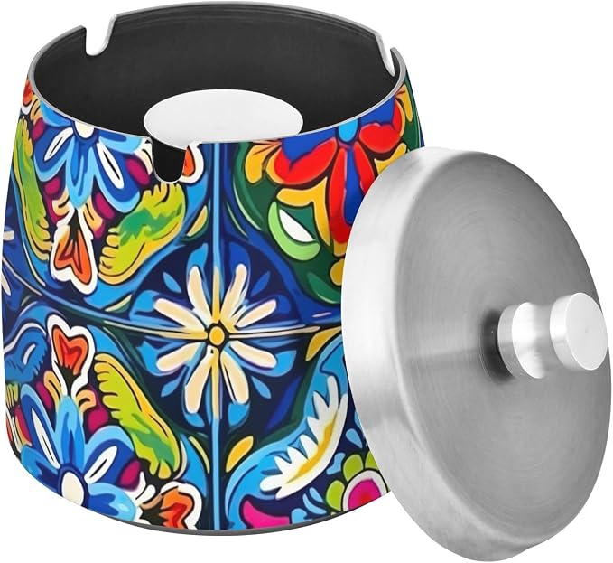 Mexican Talavera Tile Ashtray with Lid for Cigarettes Stainless Steel Smokeless Ash Tray for Home Outdoor Patio - skull ashtray