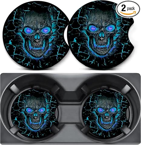 2 Pack Blue Skull Car Coasters for Cup Holders,Neoprene Anti Slip Mat - skull coaster