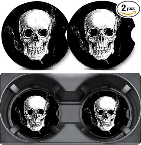 2 Pack Skull Car Coasters for Cup Holder,Neoprene Anti Slip Mat - skull coaster