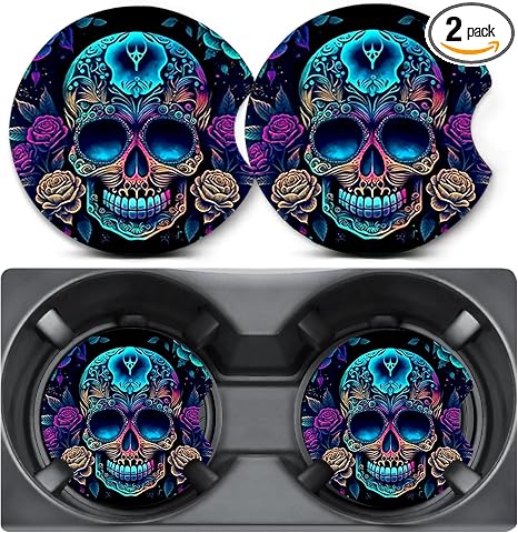 2 Pack Skull Roses Car Coasters for Cup Holders,Neoprene Anti Slip Mat - skull coaster