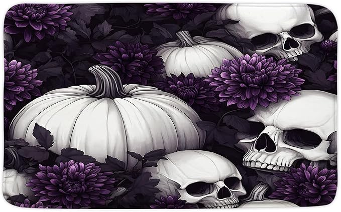 Gothic Skull Floral Bath Mat Halloween Day Purple Dahlia Flower Human Skeleton Pumpkin Horror Creepy Spooky Day of The Dead Bath Rugs Home Bathroom Kitchen Door Doormat Toilet Floor Carpet - skull toilet mat