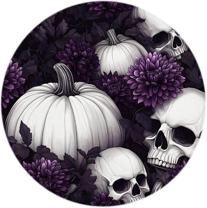 Gothic Skull Floral Round Area Rug Halloween Day Purple Dahlia Flower Human Skeleton Pumpkin Horror Creepy Spooky Day of The Dead Bathroom Rugs Mat for Kitchen Living Room Carpet Bedroom 3.2 Ft - skull toilet mat