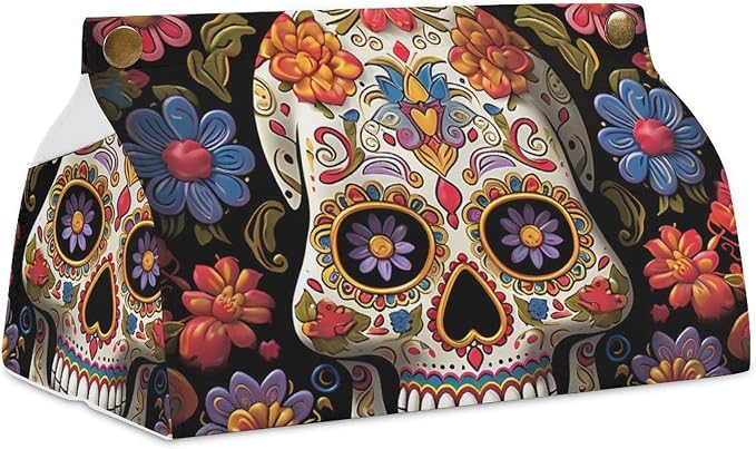 Tissue Box Cover PU Leather Tissue Case Sugar Skulls Square Tissue Box Holder for Bathroom, Vanity Countertop, Tabletop, Car - skull toilet paper