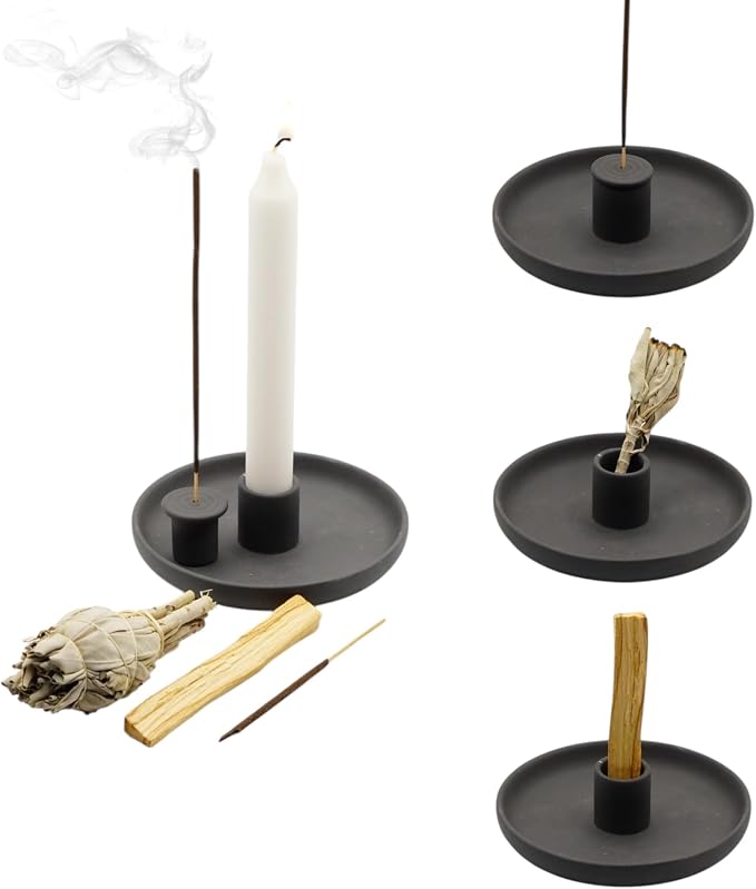 4 in 1 Incense Burner Holder - Multi-Purpose Ceramic Incense Stick Holder, Palo Santo Holder for Clean Burning, Sage Meditation Burner Set, Candle Holder for Aromatherapy (Matte Charcoal Black) - skull incense burner