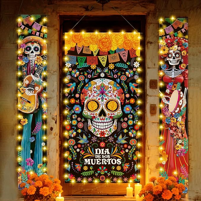 VitalCozy 3 Pcs Dia De Los Muertos Decorations Day of the Dead Door Cover - string light