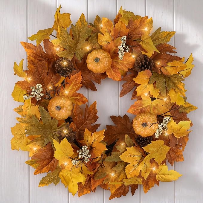 Fall Wreaths for Front Door Outside Autumn Wreath with Lights Berries Pine Cones Fall Decorations for Home Decor Pumpkin Wreath for Farmhouse Holiday Thanksgiving Harvest Halloween Outdoor - skull wreath