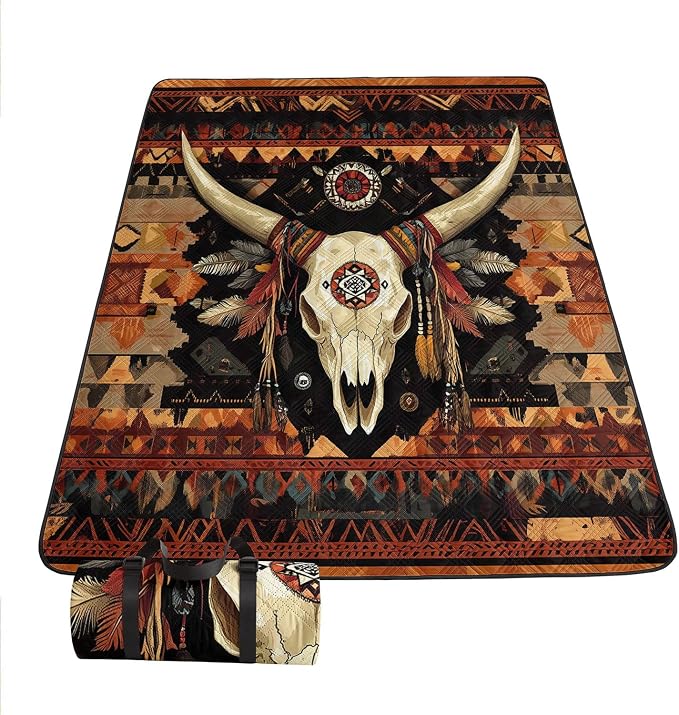 Outdoor Picnic Blanket Portable Ultrasonic Waterproof Picnic Bull Skull Printed Camping Beach Mat for Sand and Wet Grass Hiking (Bull Skull S - skull carpet