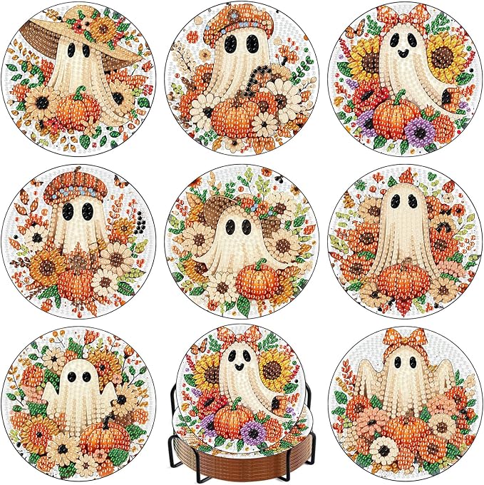 8 Pcs Diamond Art Coasters Kit for Adult with Holder, Diamond Coaster 4x4in - skull coaster