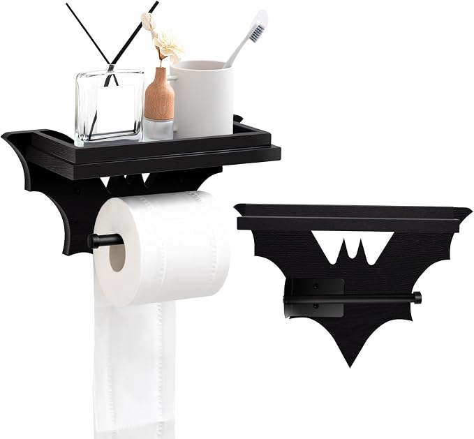 Bat Gothic Toilet Paper Holder with Shelf Halloween Bathroom Decor