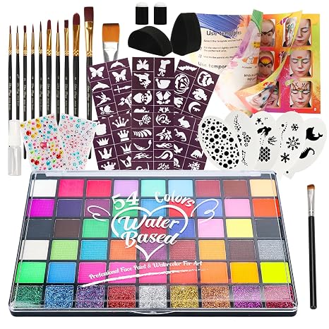 Pintada 54 Color Face Painting Kit for Kids - Non Toxic Water Activated Face Paint Palette with Stencils, Book, Brush & Sponges . For Halloween, Carnival, Party; Costume Makeup for Creative Activities - skull painting