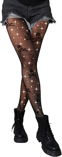 Sparkle Fishnet Stockings for Women, High Waist, Stretchy & Snag-Free for Daily Wear, Parties, Cosplay - skull leggings